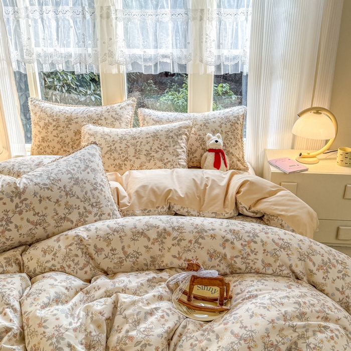 91家纺网 家纺一手货源 找家纺 宅家居 2026爆款田园风甜美小清新喷气印花纯棉四件套韩式圈圈花边40支全棉三件套 楼兰