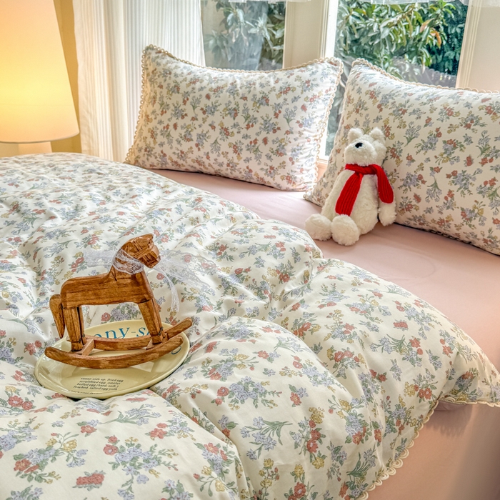 91家纺网 家纺一手货源 找家纺 宅家居 2026爆款田园风甜美小清新喷气印花纯棉四件套韩式圈圈花边40支全棉三件套 粉黛