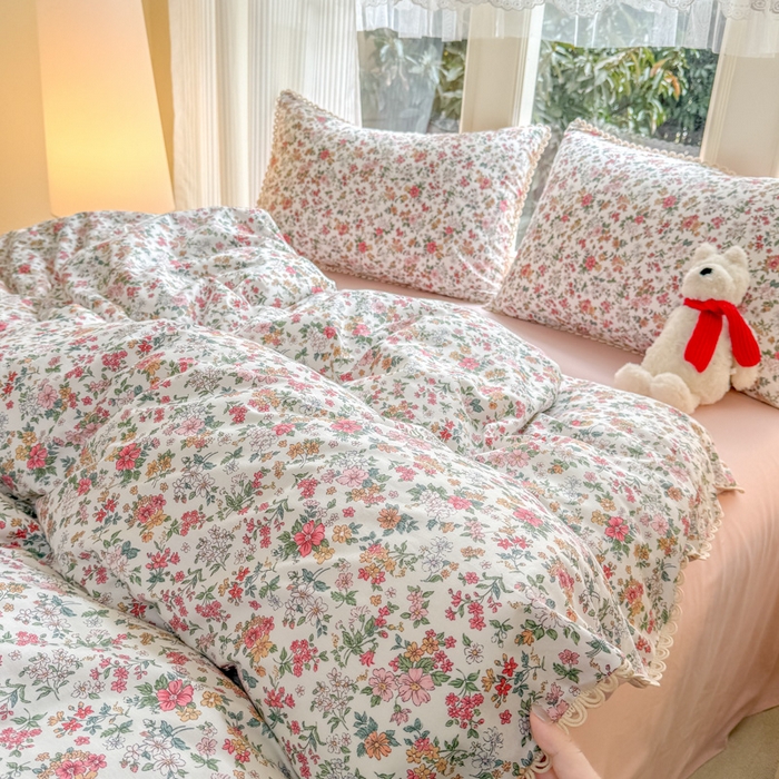 91家纺网 家纺一手货源 找家纺 宅家居 2026爆款田园风甜美小清新喷气印花纯棉四件套韩式圈圈花边40支全棉三件套 烟语