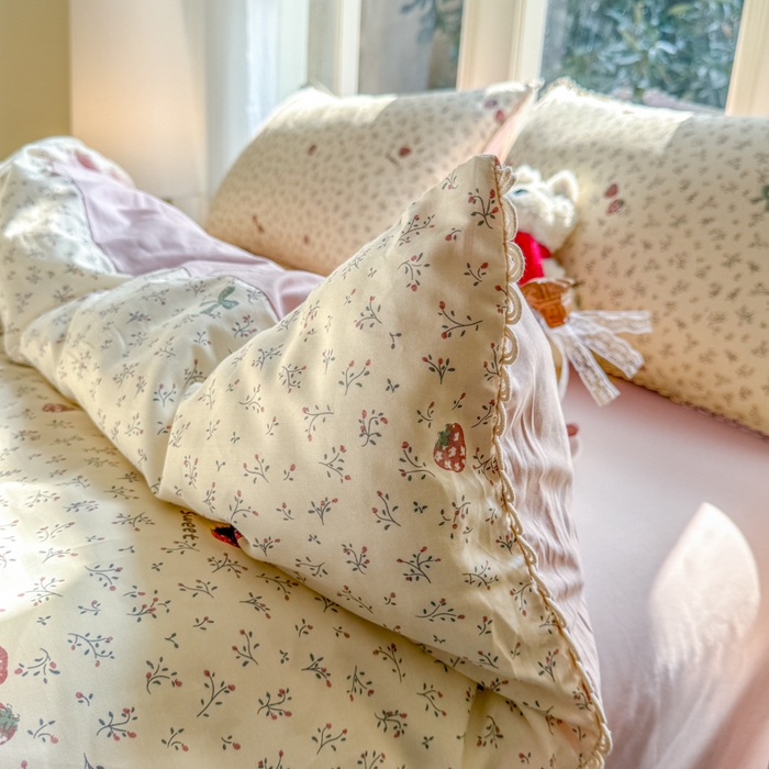 91家纺网 家纺一手货源 找家纺 宅家居 2026爆款田园风甜美小清新喷气印花纯棉四件套韩式圈圈花边40支全棉三件套 草莓