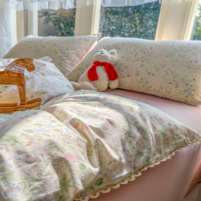 91家纺网 家纺一手货源 找家纺 宅家居 2026爆款田园风甜美小清新喷气印花纯棉四件套韩式圈圈花边40支全棉三件套 花香