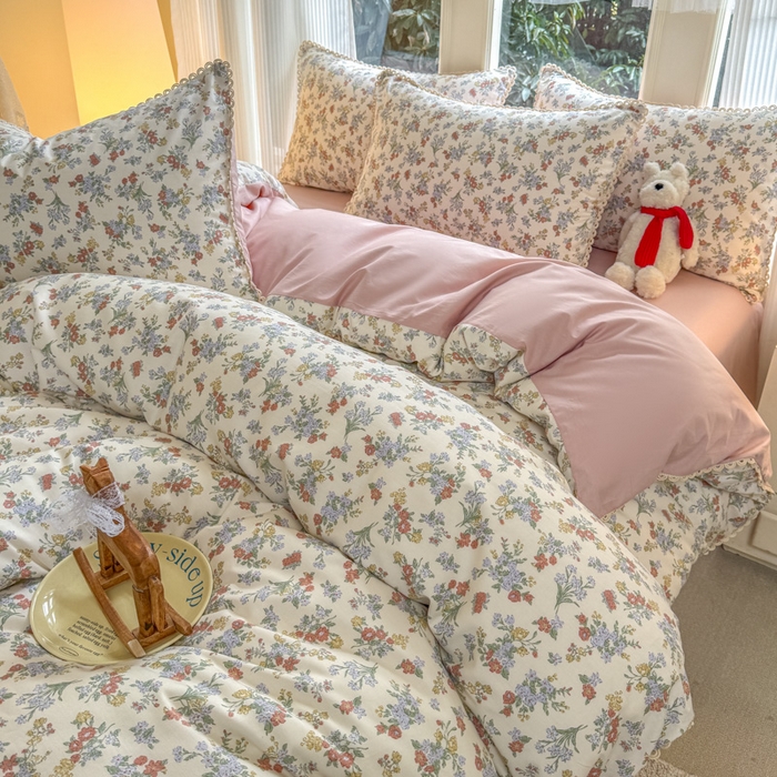 91家纺网 家纺一手货源 找家纺 宅家居 2026爆款田园风甜美小清新喷气印花纯棉四件套韩式圈圈花边40支全棉三件套 粉黛