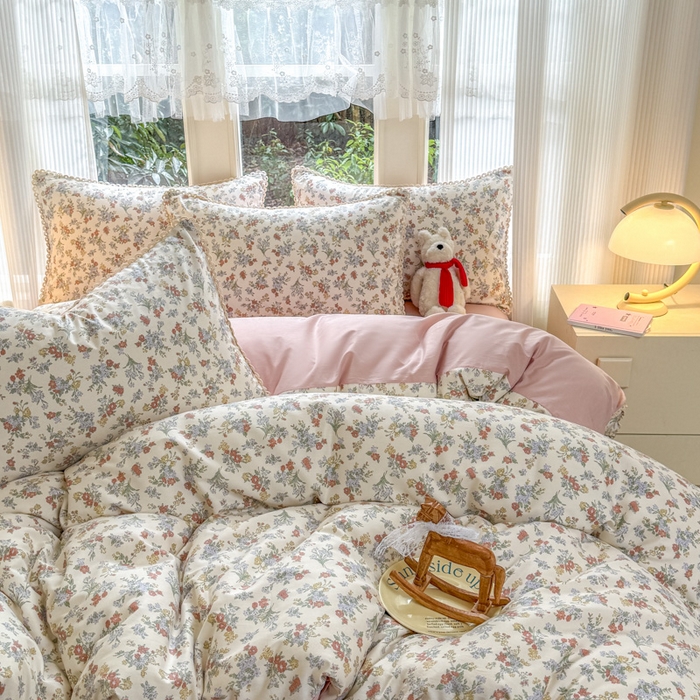 91家纺网 家纺一手货源 找家纺 宅家居 2026爆款田园风甜美小清新喷气印花纯棉四件套韩式圈圈花边40支全棉三件套 粉黛