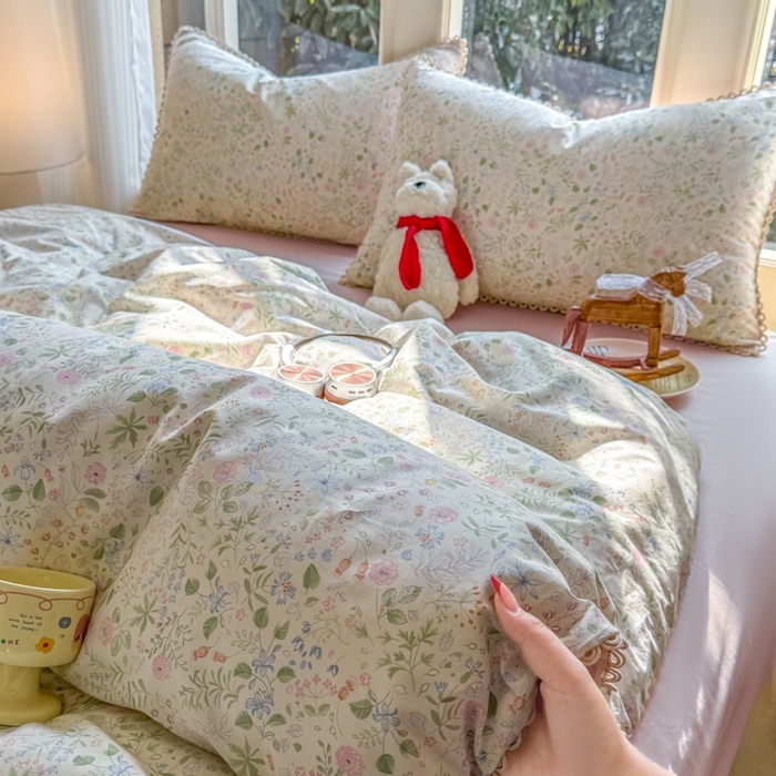 91家纺网 家纺一手货源 找家纺 宅家居 2026爆款田园风甜美小清新喷气印花纯棉四件套韩式圈圈花边40支全棉三件套 花香