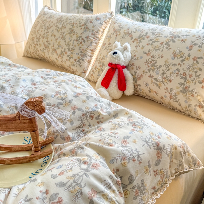 91家纺网 家纺一手货源 找家纺 宅家居 2026爆款田园风甜美小清新喷气印花纯棉四件套韩式圈圈花边40支全棉三件套 楼兰