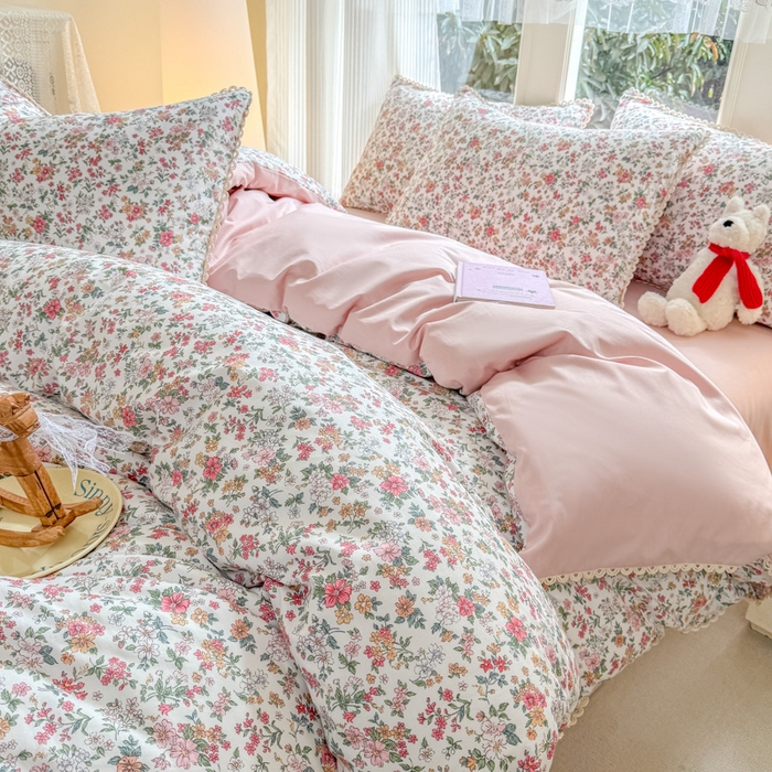 91家纺网 家纺一手货源 找家纺 宅家居 2026爆款田园风甜美小清新喷气印花纯棉四件套韩式圈圈花边40支全棉三件套 烟语