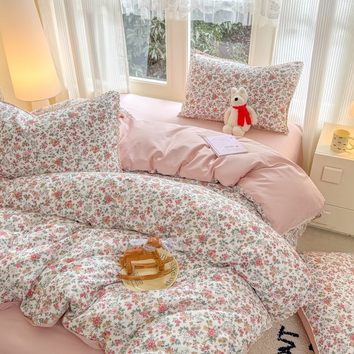 91家纺网 家纺一手货源 找家纺 宅家居 2026爆款田园风甜美小清新喷气印花纯棉四件套韩式圈圈花边40支全棉三件套 烟语