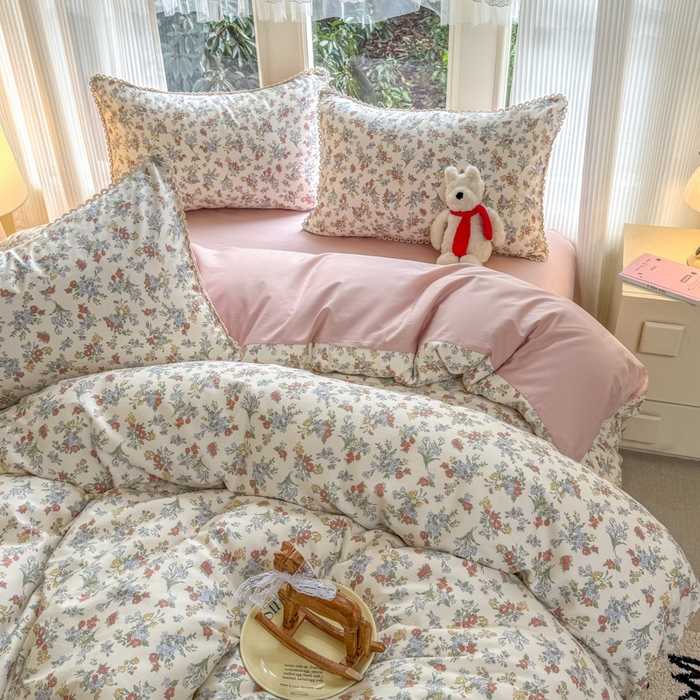 91家纺网 家纺一手货源 找家纺 宅家居 2026爆款田园风甜美小清新喷气印花纯棉四件套韩式圈圈花边40支全棉三件套 粉黛