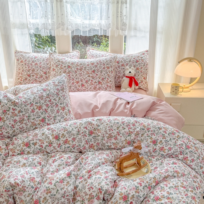 91家纺网 家纺一手货源 找家纺 宅家居 2026爆款田园风甜美小清新喷气印花纯棉四件套韩式圈圈花边40支全棉三件套 烟语