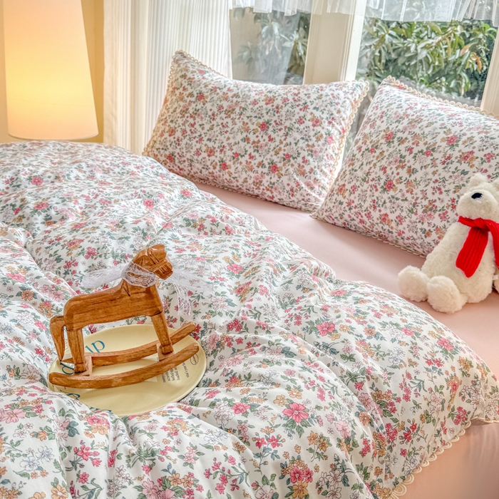 91家纺网 家纺一手货源 找家纺 宅家居 2026爆款田园风甜美小清新喷气印花纯棉四件套韩式圈圈花边40支全棉三件套 烟语