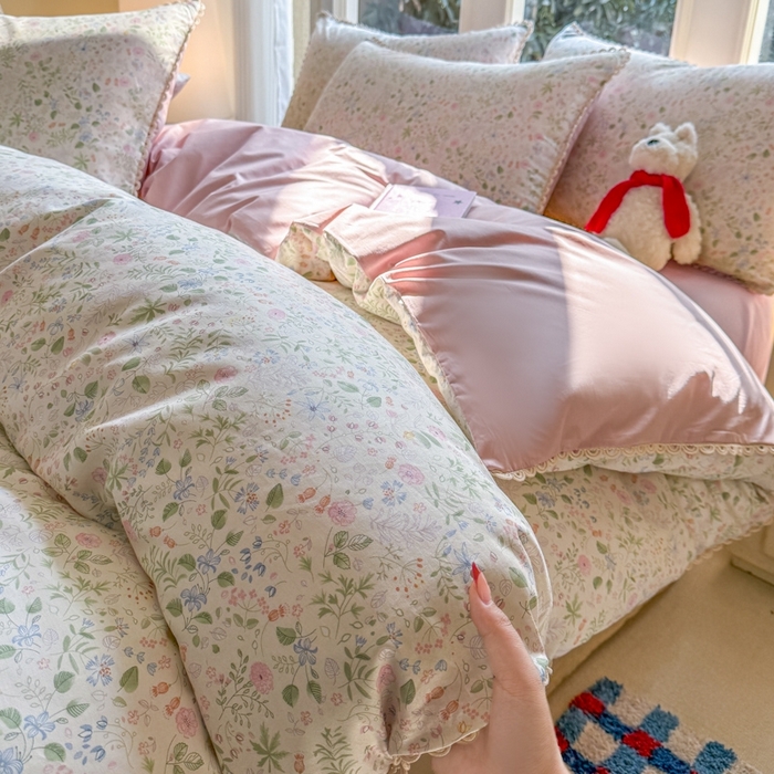 宅家居 2026爆款田园风甜美小清新喷气印花纯棉四件套韩式圈圈花边40支全棉三件套 花香