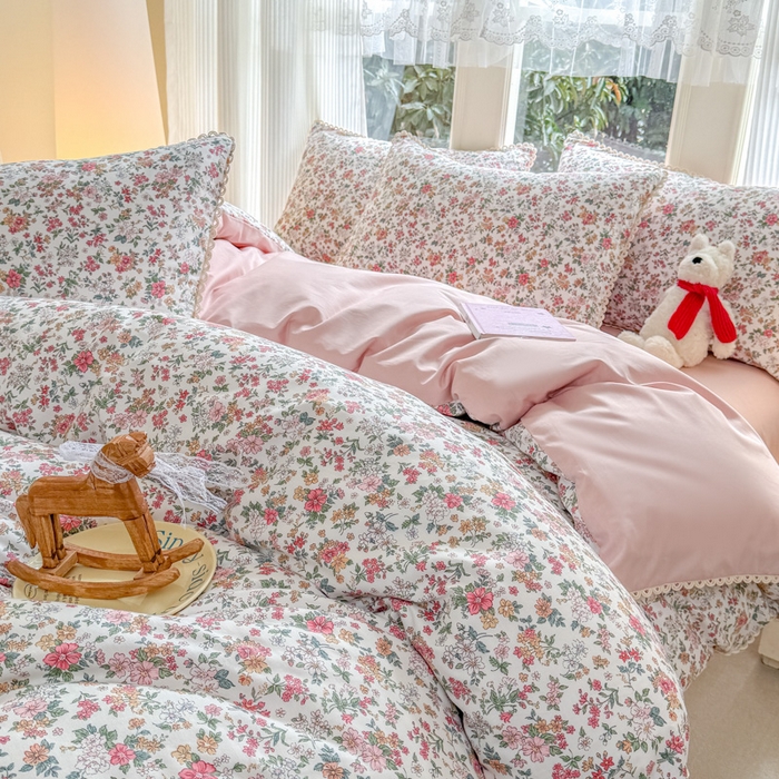 91家纺网 家纺一手货源 找家纺 宅家居 2026爆款田园风甜美小清新喷气印花纯棉四件套韩式圈圈花边40支全棉三件套 烟语