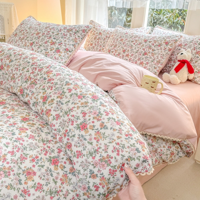 91家纺网 家纺一手货源 找家纺 （总）宅家居 2026爆款田园风甜美小清新喷气印花纯棉四件套韩式圈圈花边40支全棉三件套