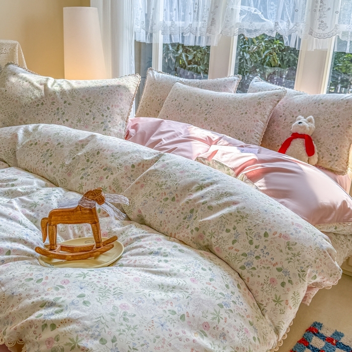 91家纺网 家纺一手货源 找家纺 宅家居 2026爆款田园风甜美小清新喷气印花纯棉四件套韩式圈圈花边40支全棉三件套 花香