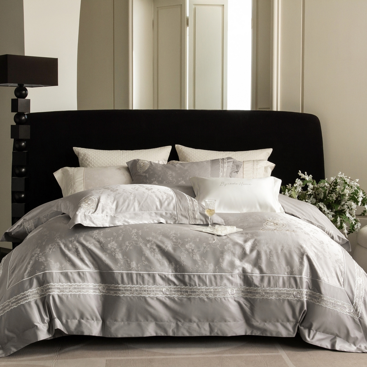 馨蕊家居 2026春夏新品100S高定高精密刺绣系列--芸蔓 芸蔓-高级灰