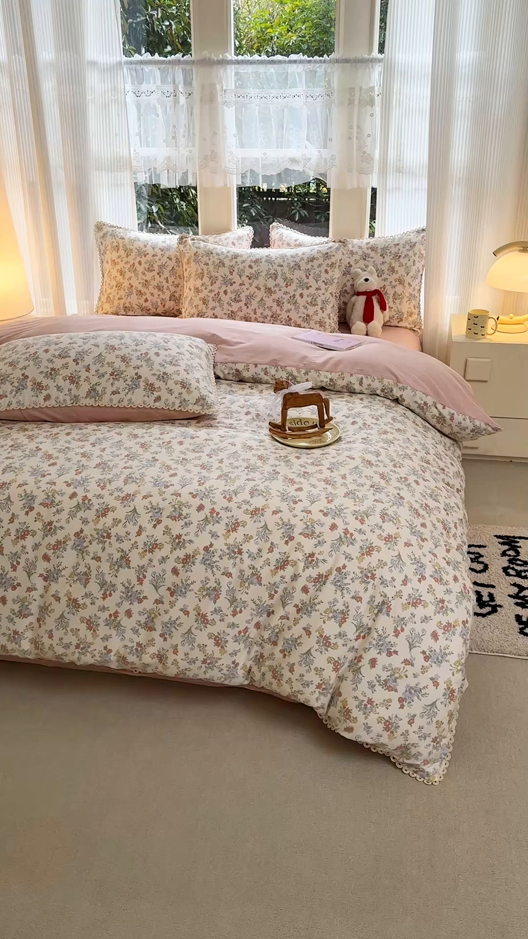 91家纺网 家纺一手货源 找家纺 宅家居 2026爆款田园风甜美小清新喷气印花纯棉四件套韩式圈圈花边40支全棉三件套 粉黛