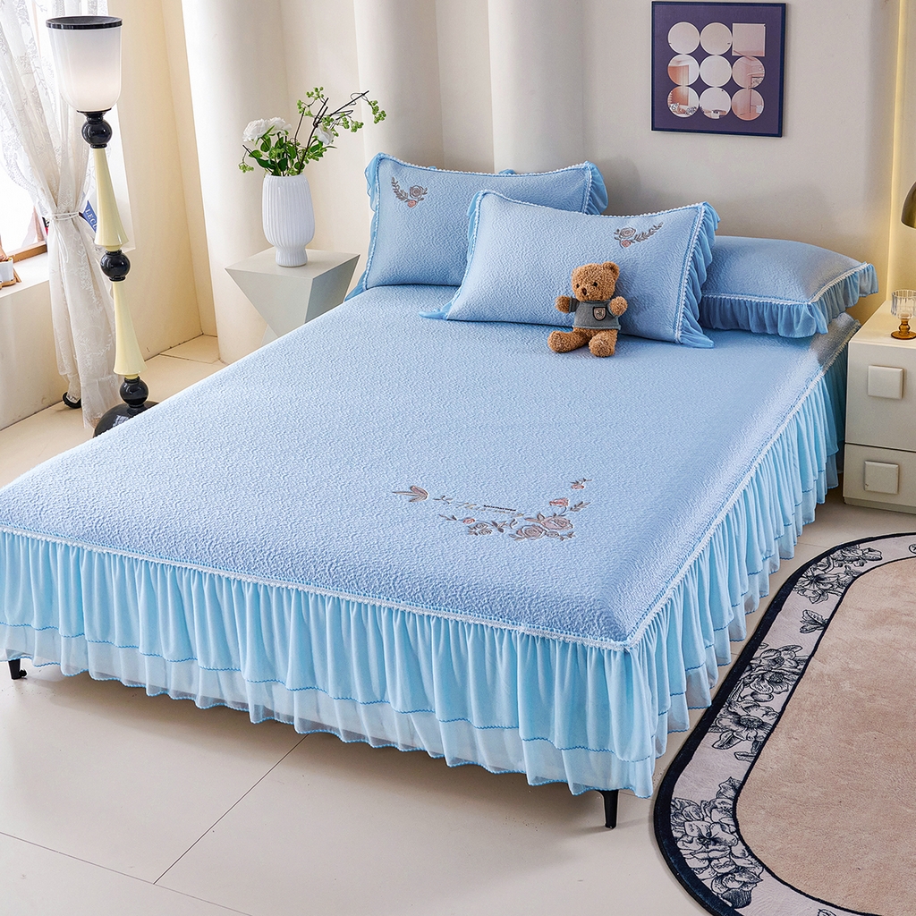 91家纺网 家纺一手货源 找家纺 青雅席业 2026新款A类凉感豆豆席-床裙款-闭月羞花系列 床裙款-闭月羞花-蓝