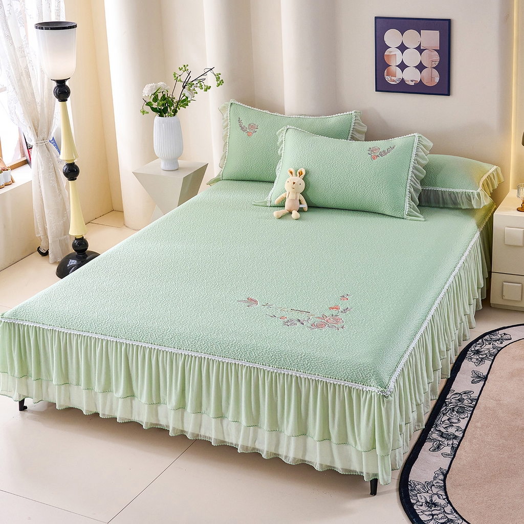 91家纺网 家纺一手货源 找家纺 青雅席业 2026新款A类凉感豆豆席-床裙款-闭月羞花系列 床裙款-闭月羞花-绿