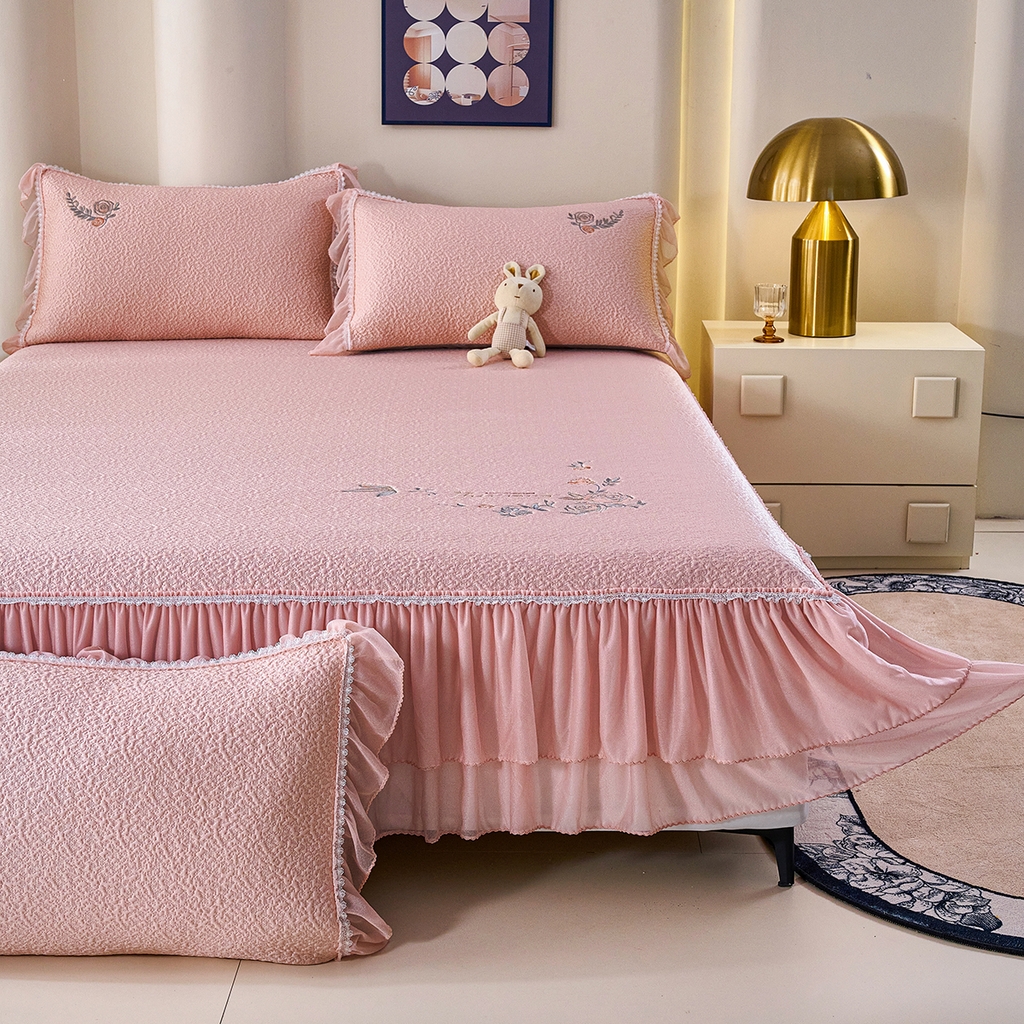 91家纺网 家纺一手货源 找家纺 青雅席业 2026新款A类凉感豆豆席-床裙款-闭月羞花系列 床裙款-闭月羞花-粉