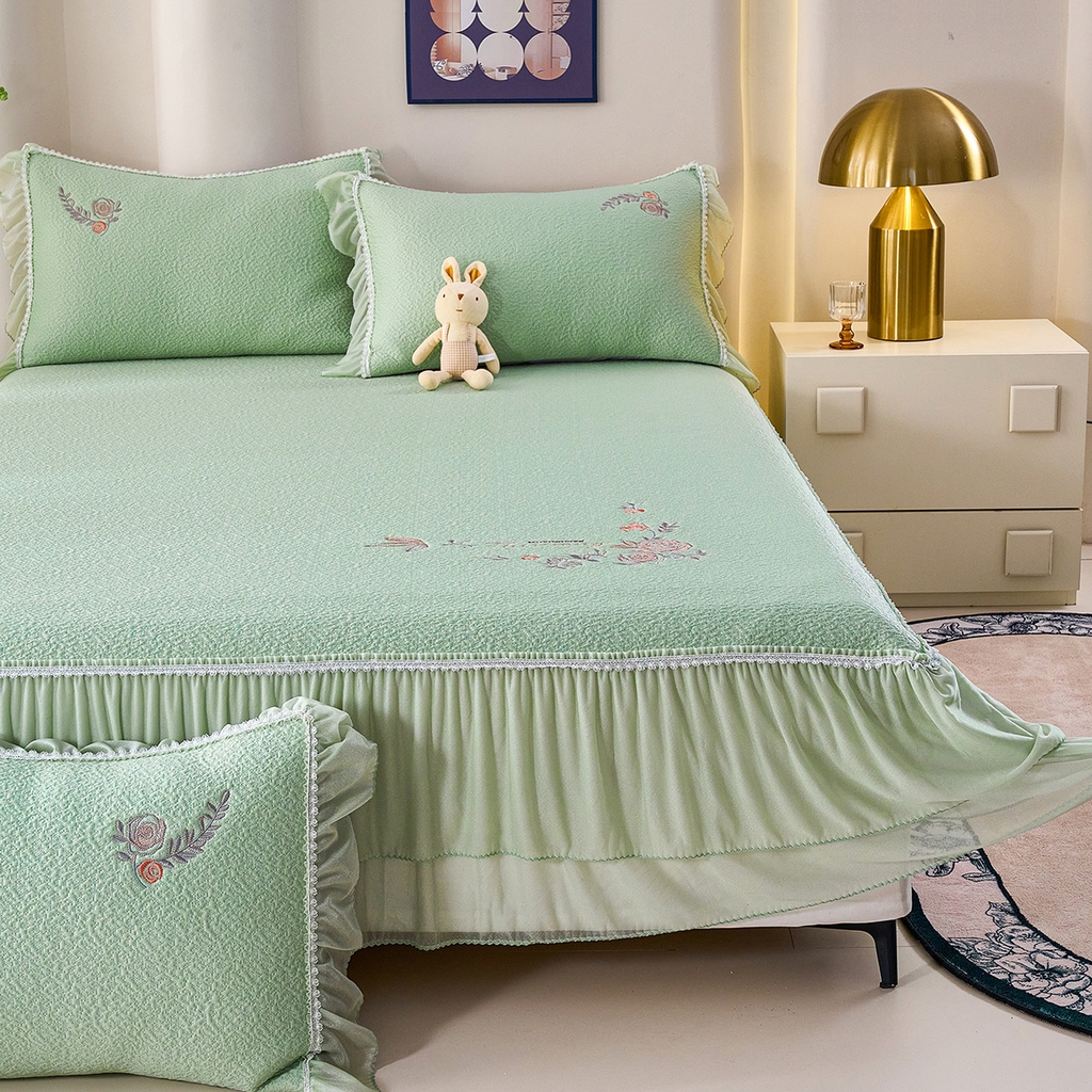 91家纺网 家纺一手货源 找家纺 青雅席业 2026新款A类凉感豆豆席-床裙款-闭月羞花系列 床裙款-闭月羞花-绿