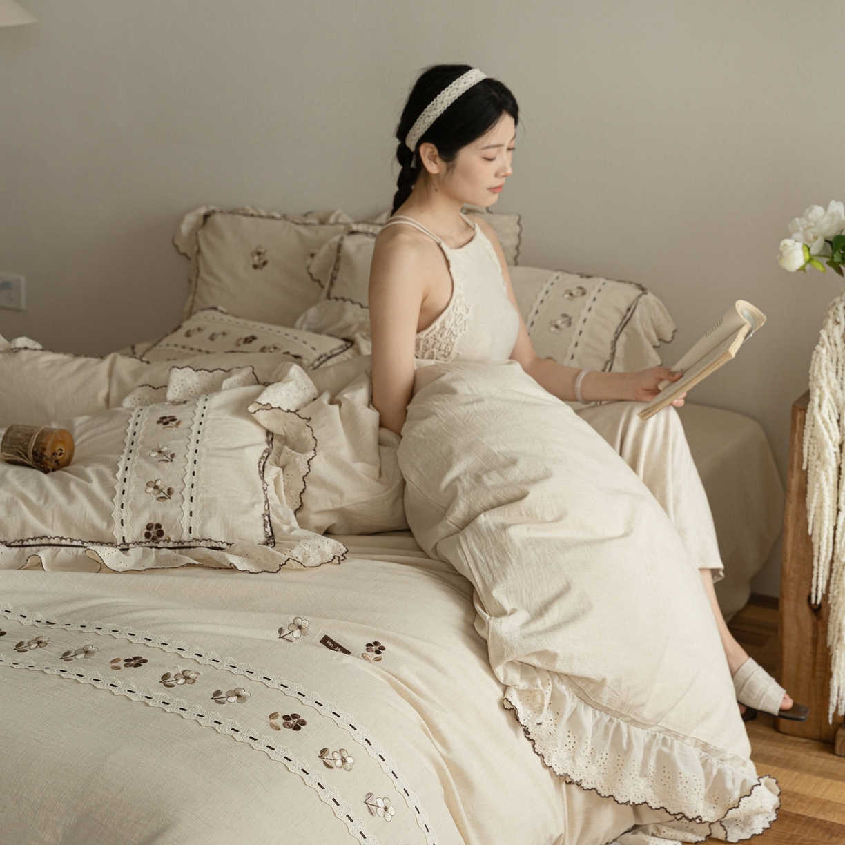 91家纺网 家纺一手货源 找家纺 （总）满座家居 2026春夏新款竹节棉麻特种绣花四件套法式复古四件套（会员-20，控价不低于389)