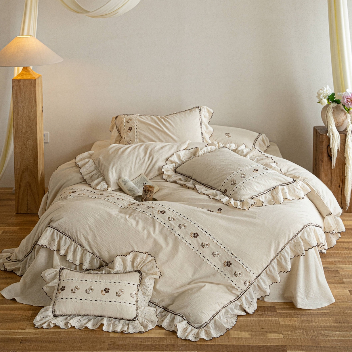 91家纺网 家纺一手货源 找家纺 （总）满座家居 2026春夏新款竹节棉麻特种绣花四件套法式复古四件套（会员-20，控价不低于389)