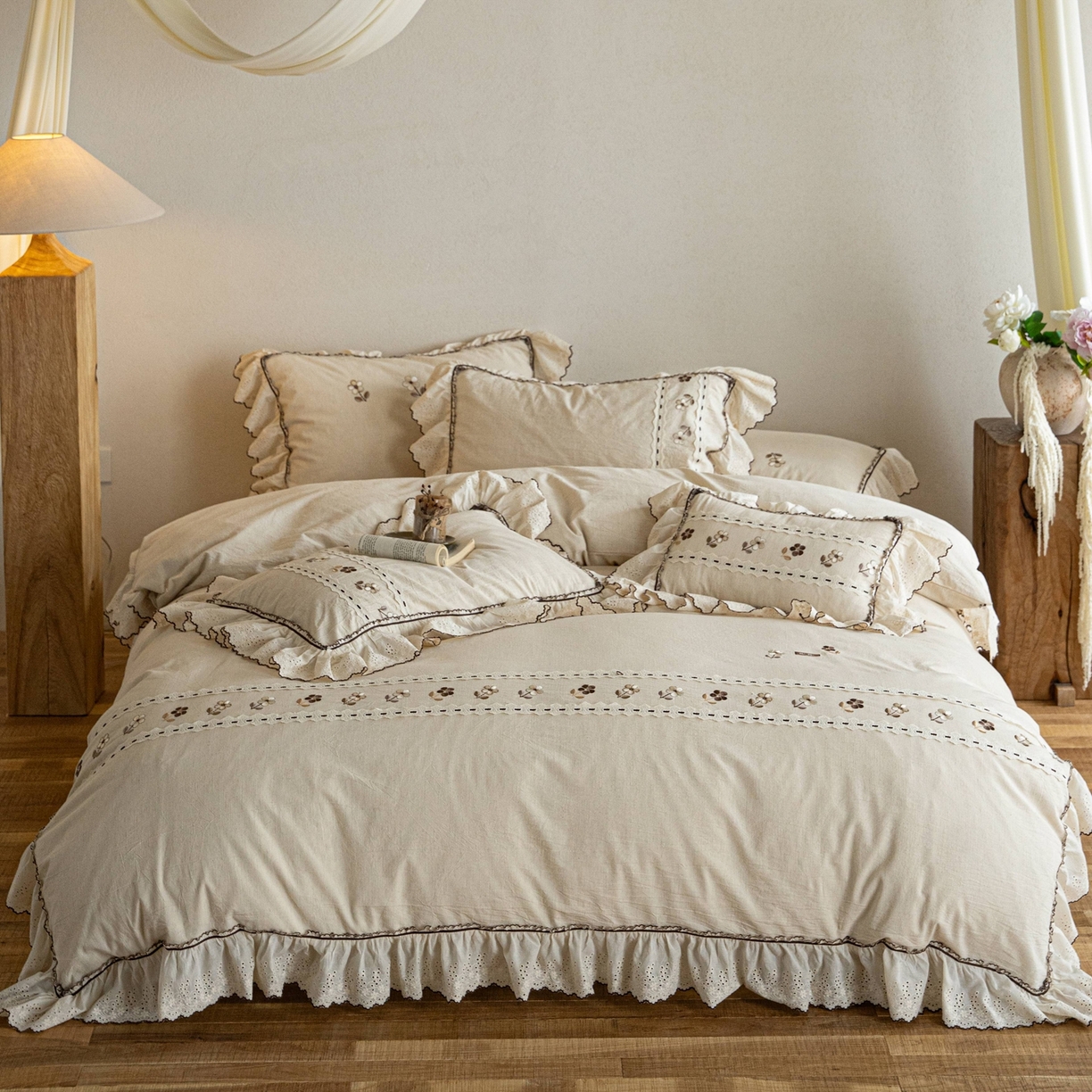 91家纺网 家纺一手货源 找家纺 （总）满座家居 2026春夏新款竹节棉麻特种绣花四件套法式复古四件套（会员-20，控价不低于389)