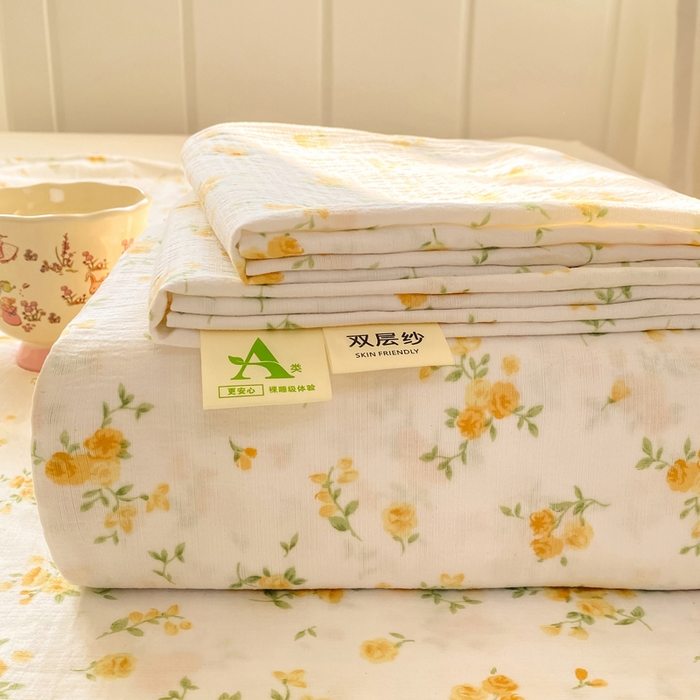 91家纺网 家纺一手货源 找家纺 晓时候 2026新款A类云感双层纱床单三件套单品单件床单 安然入夏