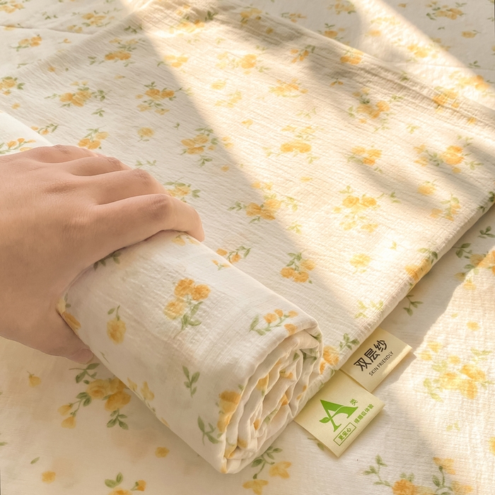 91家纺网 家纺一手货源 找家纺 晓时候 2026新款A类云感双层纱床单三件套单品单件床单 安然入夏