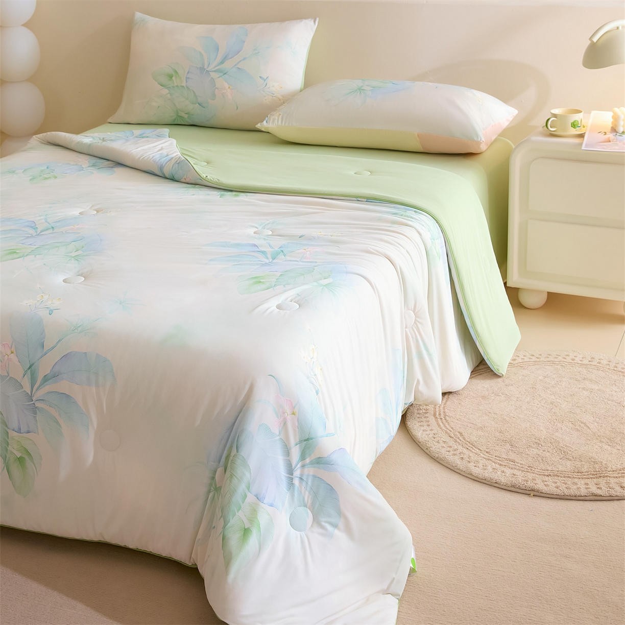 91家纺网 家纺一手货源 找家纺 恬思语家纺 2026春夏新品印花凉感丝大豆夏被夏凉被空调被 栖染-绿