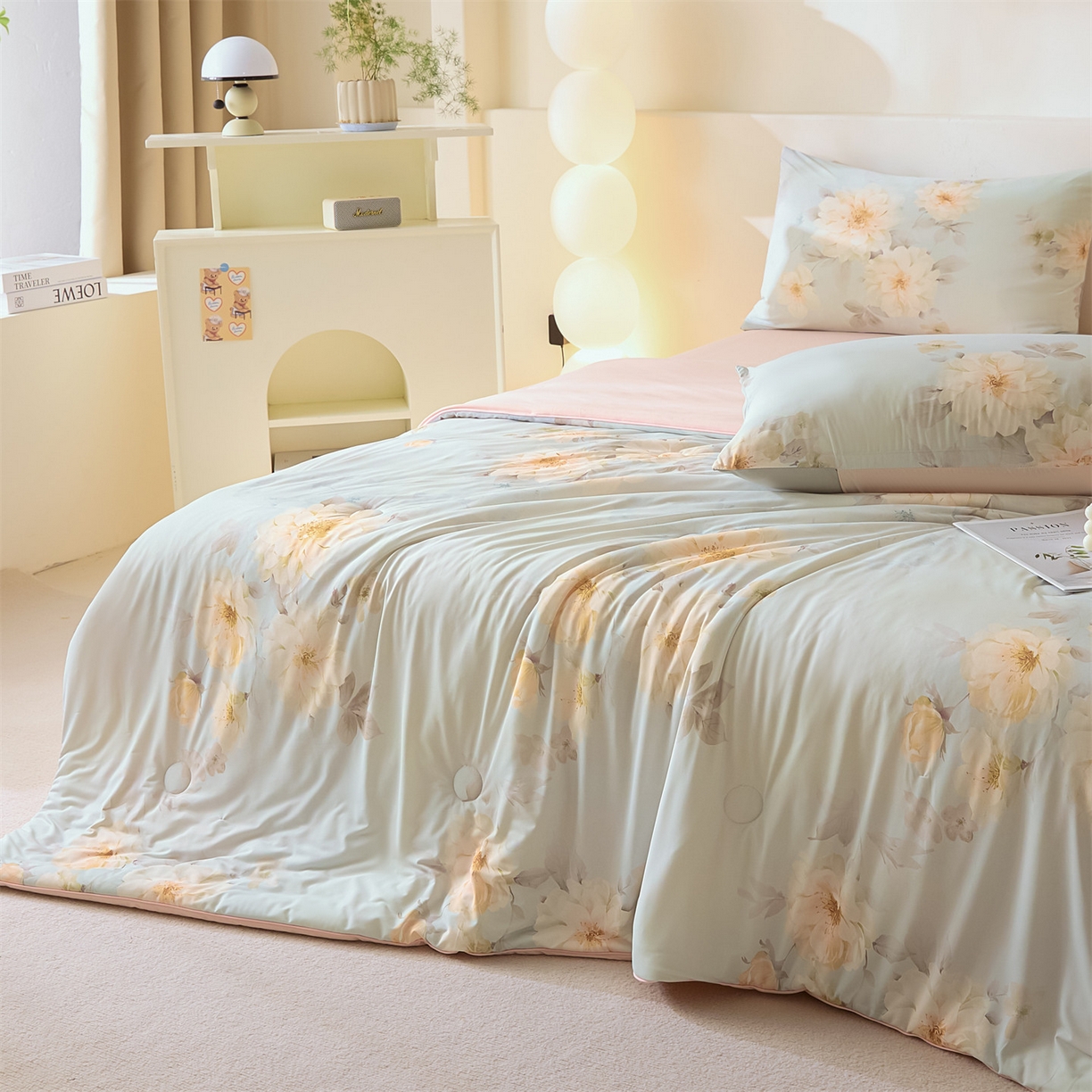 91家纺网 家纺一手货源 找家纺 恬思语家纺 2026春夏新品印花凉感丝大豆夏被夏凉被空调被 花之子-绿