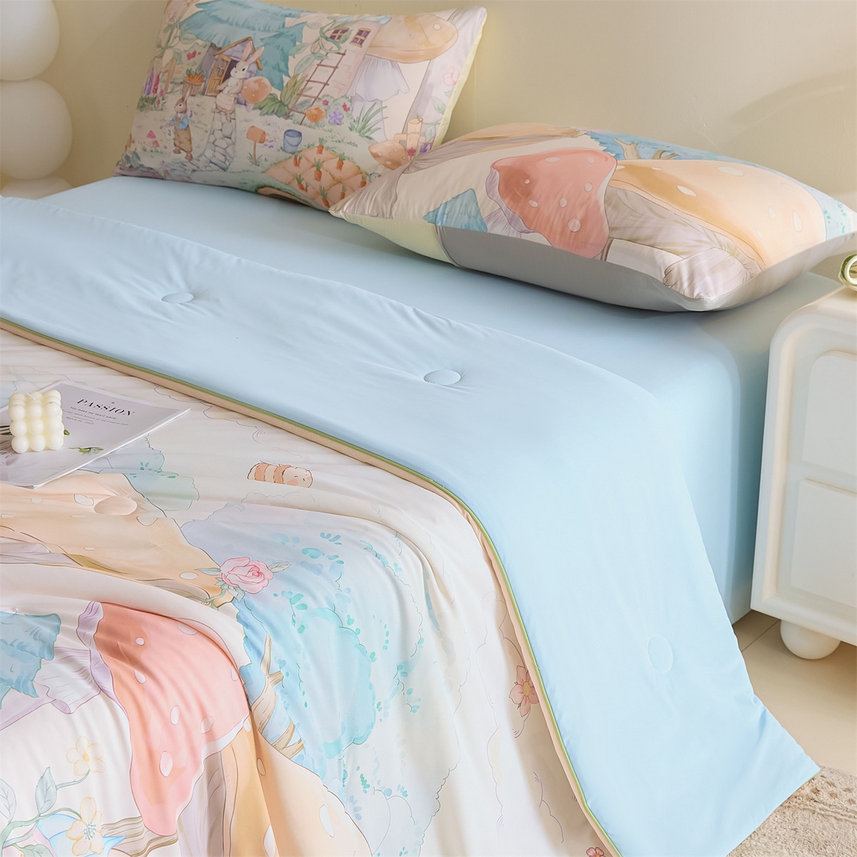 91家纺网 家纺一手货源 找家纺 恬思语家纺 2026春夏新品印花凉感丝大豆夏被夏凉被空调被 蘑菇-黄