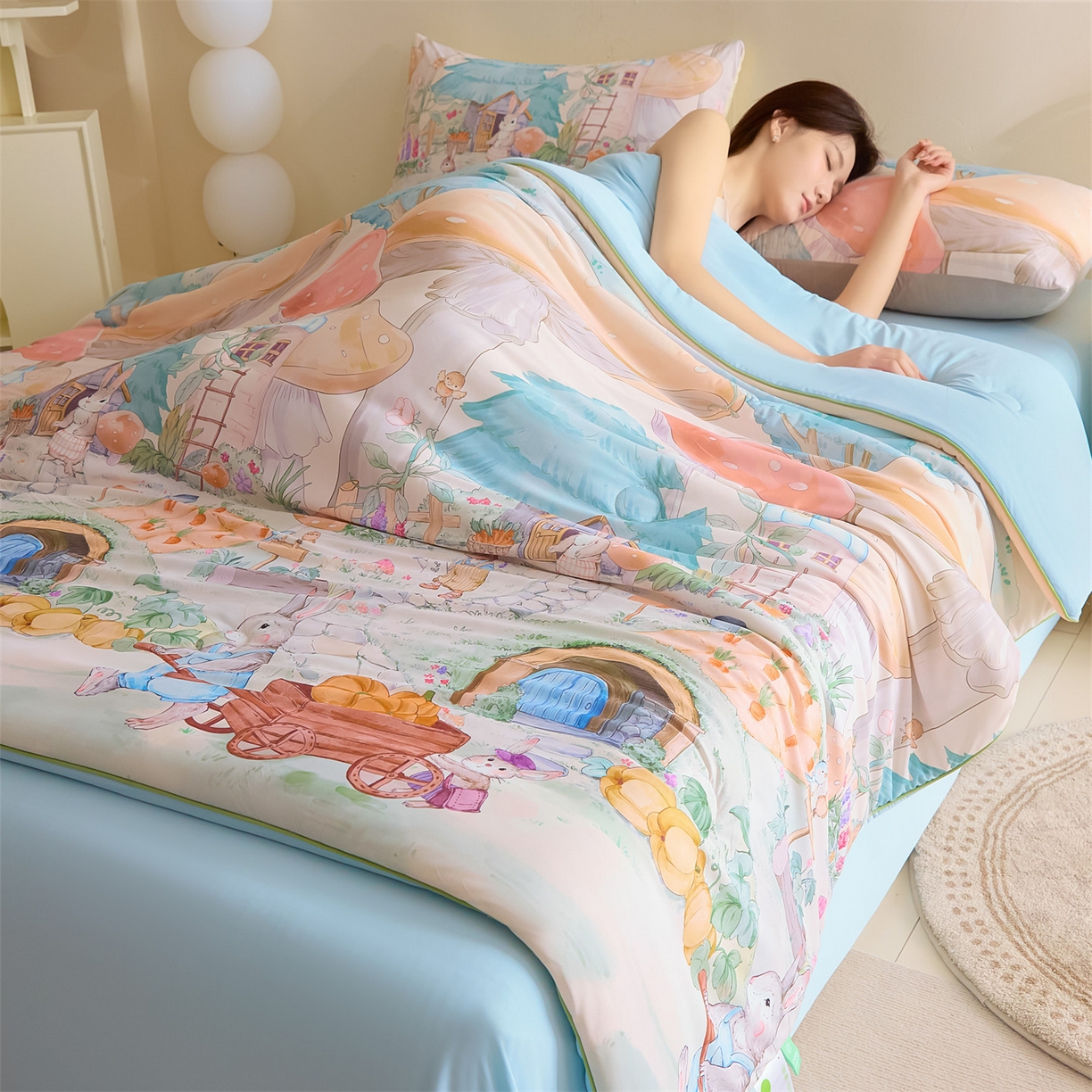 91家纺网 家纺一手货源 找家纺 恬思语家纺 2026春夏新品印花凉感丝大豆夏被夏凉被空调被 蘑菇-黄