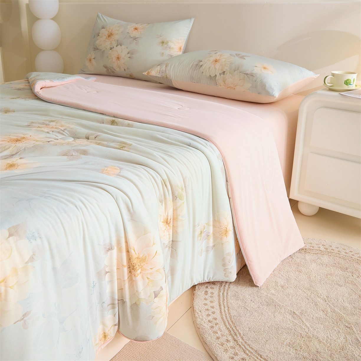 91家纺网 家纺一手货源 找家纺 恬思语家纺 2026春夏新品印花凉感丝大豆夏被夏凉被空调被 花之子-绿