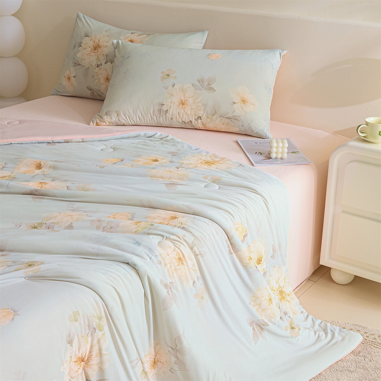 91家纺网 家纺一手货源 找家纺 恬思语家纺 2026春夏新品印花凉感丝大豆夏被夏凉被空调被 花之子-绿