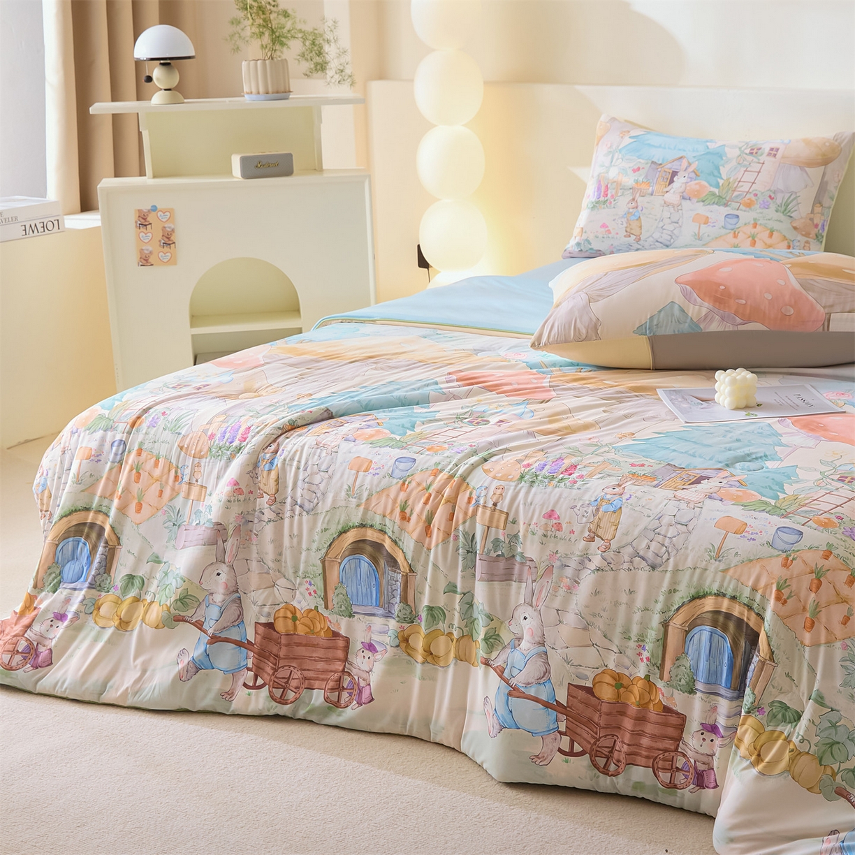 91家纺网 家纺一手货源 找家纺 恬思语家纺 2026春夏新品印花凉感丝大豆夏被夏凉被空调被 蘑菇-黄