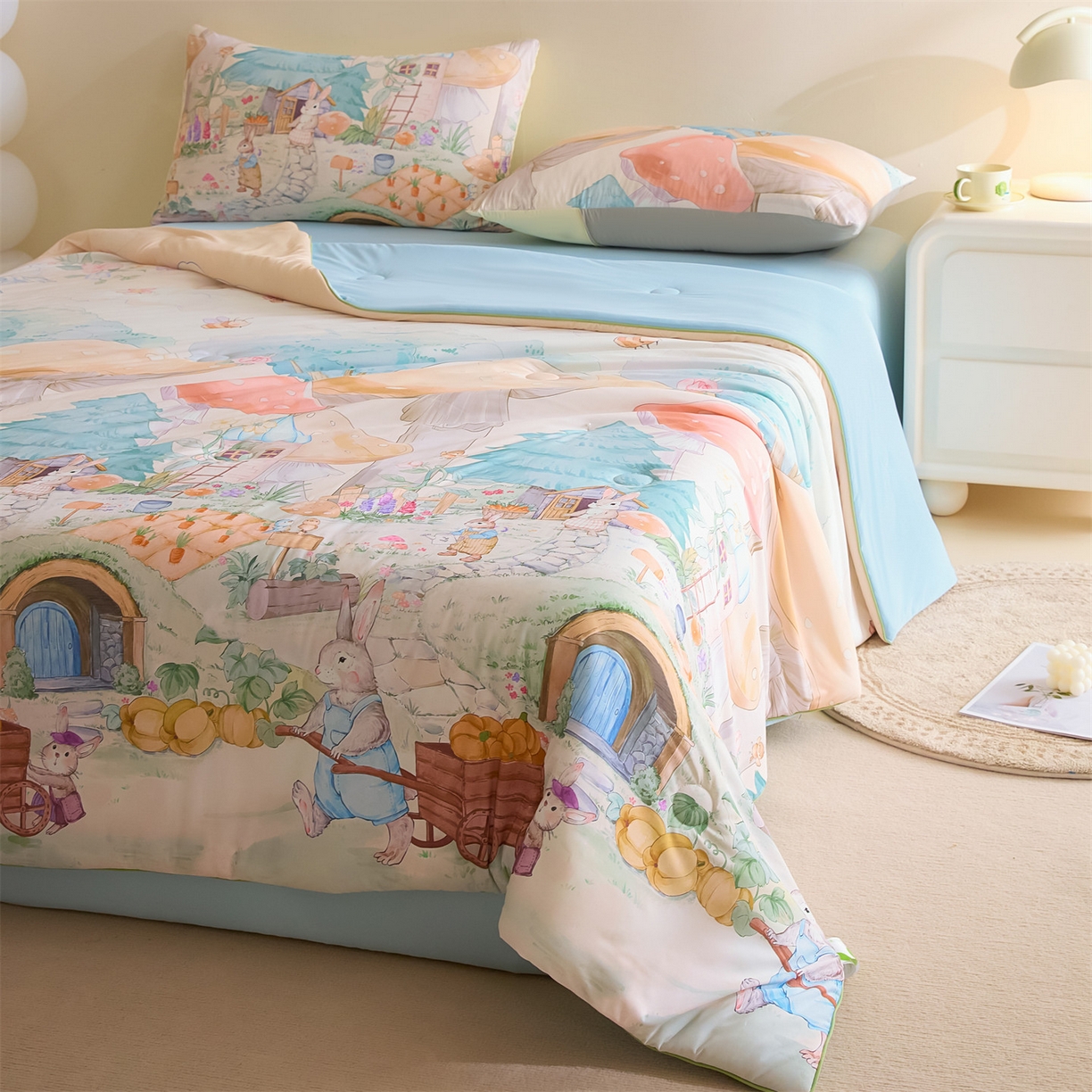 91家纺网 家纺一手货源 找家纺 恬思语家纺 2026春夏新品印花凉感丝大豆夏被夏凉被空调被 蘑菇-黄