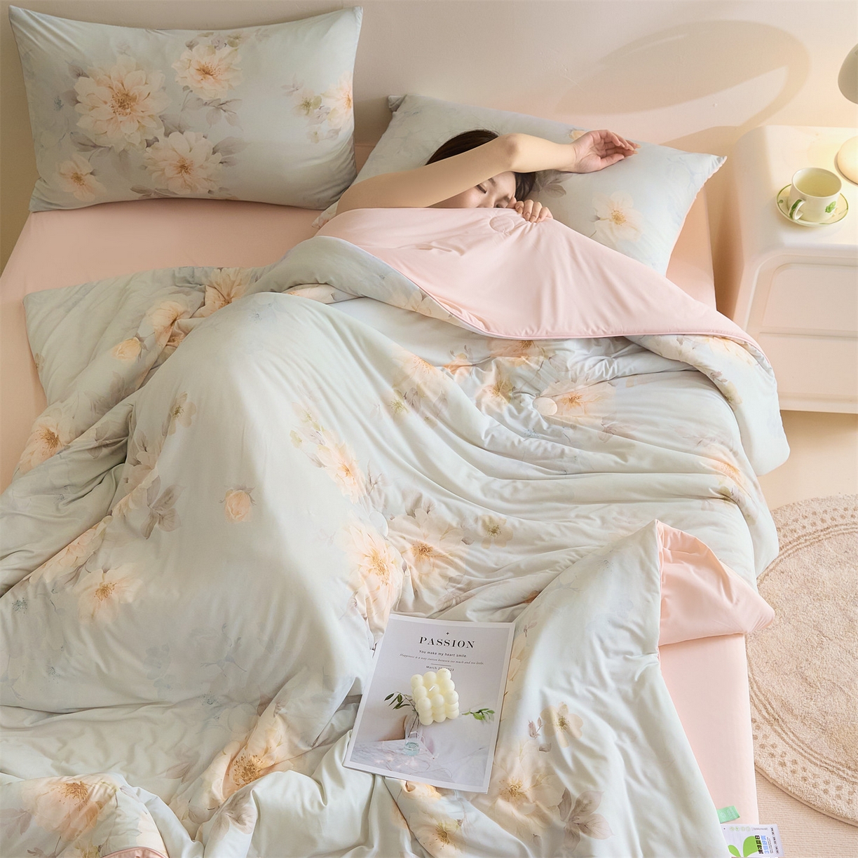 91家纺网 家纺一手货源 找家纺 恬思语家纺 2026春夏新品印花凉感丝大豆夏被夏凉被空调被 花之子-绿