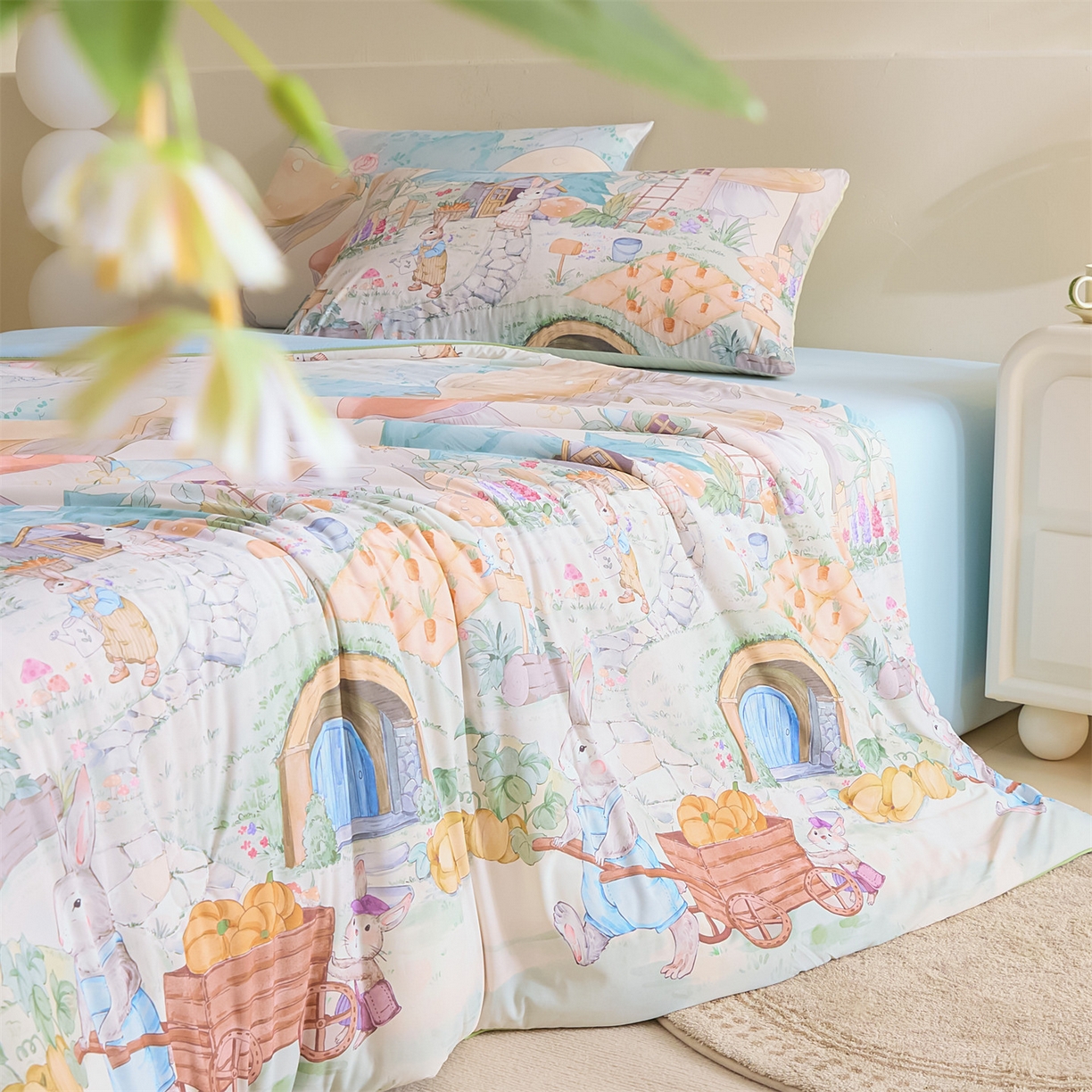 91家纺网 家纺一手货源 找家纺 恬思语家纺 2026春夏新品印花凉感丝大豆夏被夏凉被空调被 蘑菇-黄