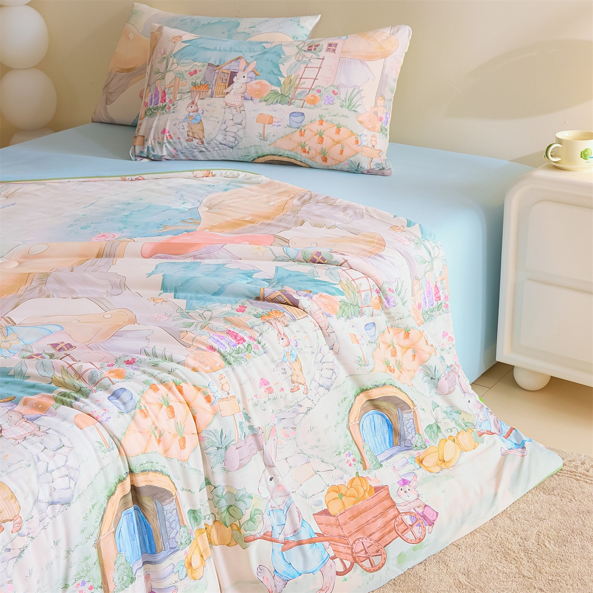 91家纺网 家纺一手货源 找家纺 恬思语家纺 2026春夏新品印花凉感丝大豆夏被夏凉被空调被 蘑菇-黄