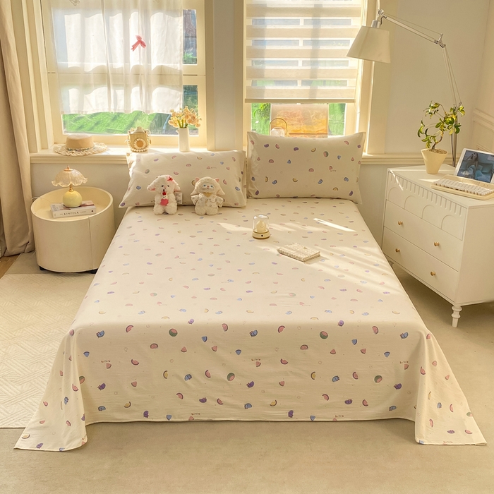 91家纺网 家纺一手货源 找家纺 晓时候 2026新款A类云感双层纱床单三件套单品单件床单 缤纷水果