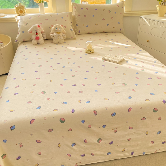 91家纺网 家纺一手货源 找家纺 晓时候 2026新款A类云感双层纱床单三件套单品单件床单 缤纷水果