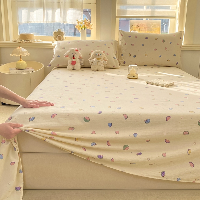 91家纺网 家纺一手货源 找家纺 晓时候 2026新款A类云感双层纱床单三件套单品单件床单 缤纷水果