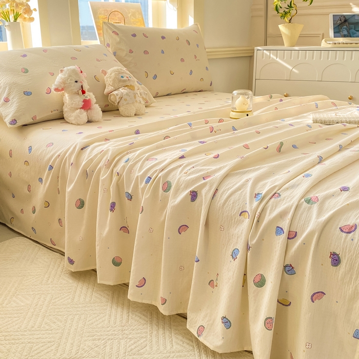 91家纺网 家纺一手货源 找家纺 晓时候 2026新款A类云感双层纱床单三件套单品单件床单 缤纷水果