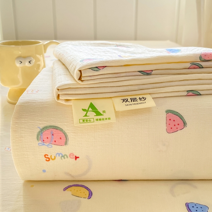 91家纺网 家纺一手货源 找家纺 晓时候 2026新款A类云感双层纱床单三件套单品单件床单 缤纷水果