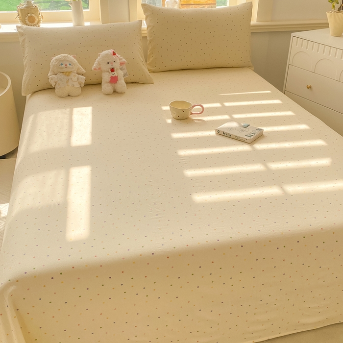 91家纺网 家纺一手货源 找家纺 晓时候 2026新款A类云感双层纱床单三件套单品单件床单 多彩波点