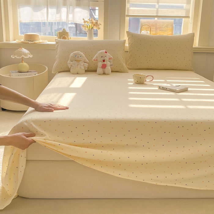 91家纺网 家纺一手货源 找家纺 晓时候 2026新款A类云感双层纱床单三件套单品单件床单 多彩波点