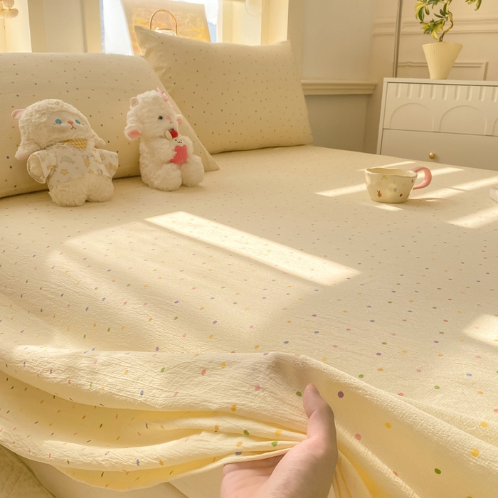 91家纺网 家纺一手货源 找家纺 晓时候 2026新款A类云感双层纱床单三件套单品单件床单 多彩波点