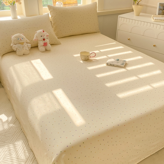 91家纺网 家纺一手货源 找家纺 晓时候 2026新款A类云感双层纱床单三件套单品单件床单 多彩波点