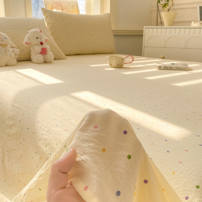 91家纺网 家纺一手货源 找家纺 晓时候 2026新款A类云感双层纱床单三件套单品单件床单 多彩波点